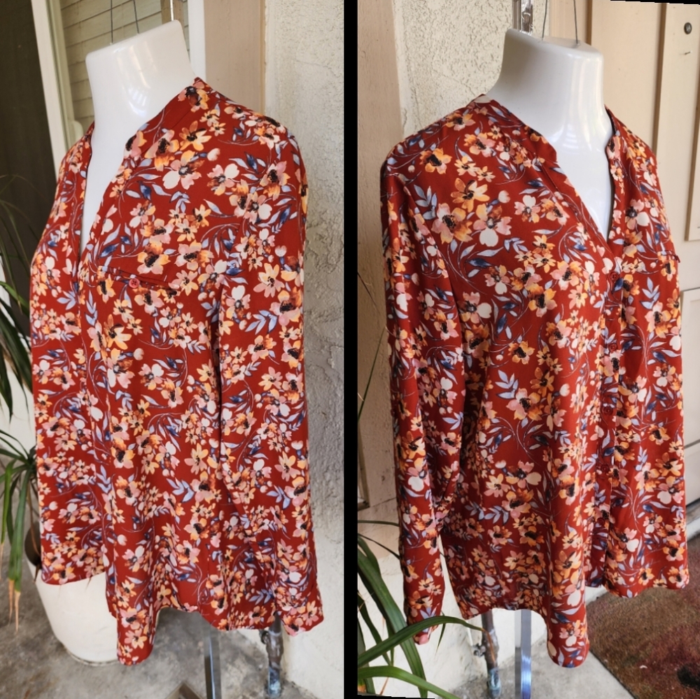 XXL women KUT from the Kloth floral button blouse CONVERTIBLE sleeve roll tab